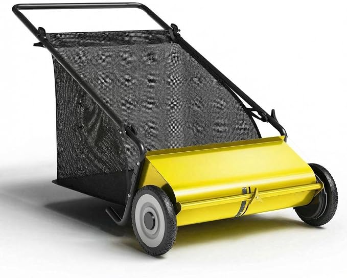 Takywep 26-Inch Push Lawn Sweeper, Anti-Rust Steel Frame, 4 High-Density Brushes, Adjustable Height, 7 Cu.Ft Collection Bag for Yard Debris (Yellow & Black)
