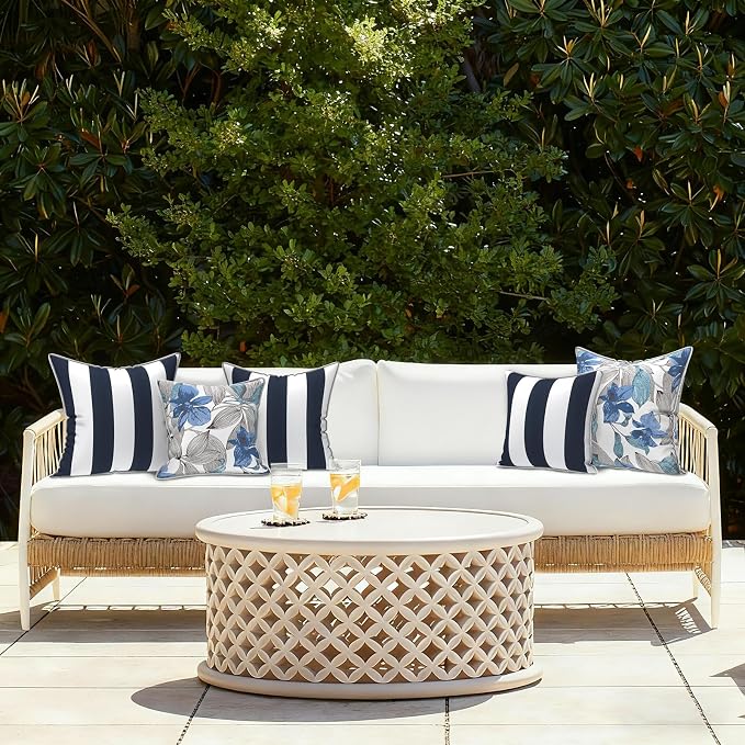 LVTXIII Outdoor Throw Pillows 18x18 Patio Waterproof Square Pillows with Piping Fade Resistant Accent Pillow for Spring Summer Garden Decoration, Set of 2, Cabana Navy