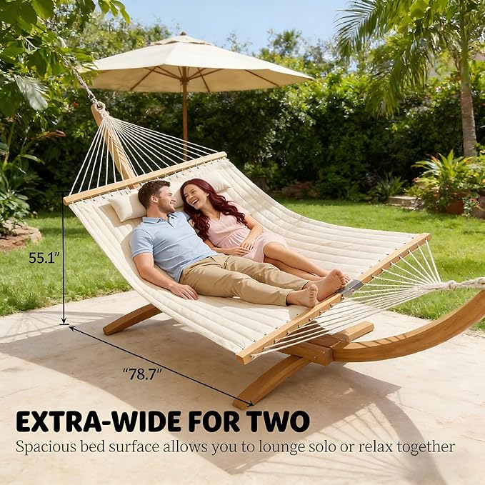 2-Person Tree Hammock Outdoor, Portable Double Hammock Without Stand, Detachable Headrest Magazine Pocket, 450 lbs Capacity, Camping Patio Backyard Indoor Outdoor Hammock Bed (Cream White)