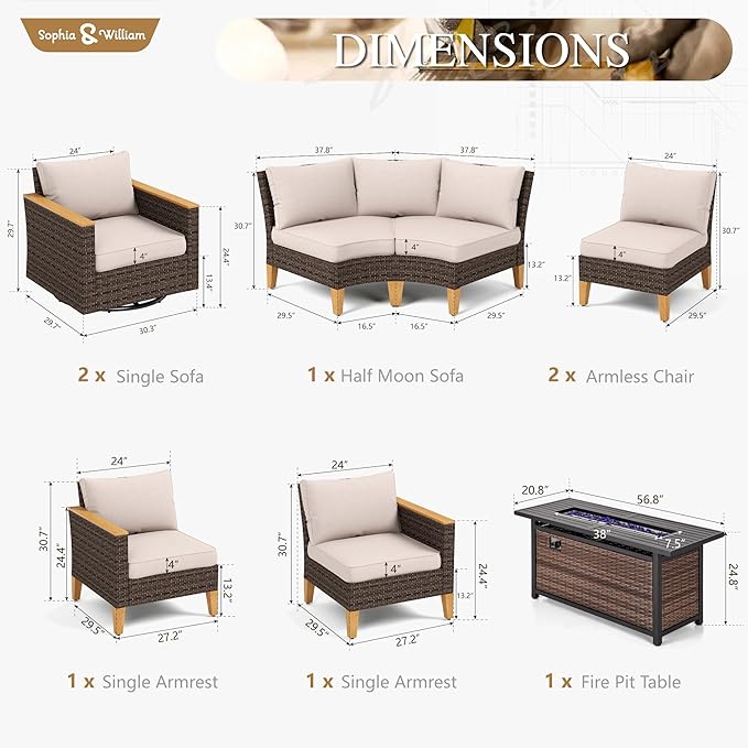 Sophia & William Half Moon Outdoor Sectional Furniture with 56" Fire Pit Table, High Back Swivel Rocker Chairs and Curved Sofa, 9PCS Wicker Patio Conversation Set for Deck Yard and Poolside, Beige