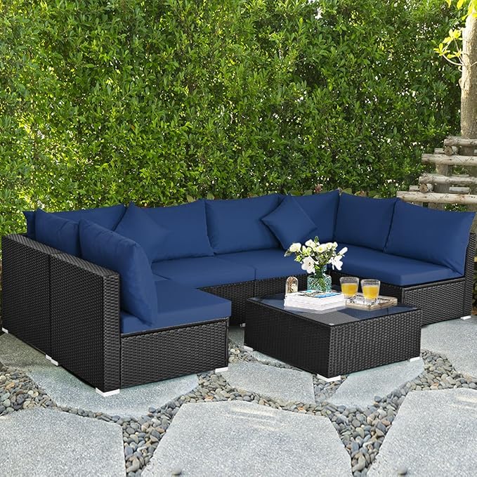 COSTWAY 7 Pieces Patio Furniture Set, Outdoor Rattan Conversation Set with 6 Seats, Coffee Tea Table, Soft Cushions, Wicker Patio Sectional Sofa for Garden Balcony Porch Poolside, Navy