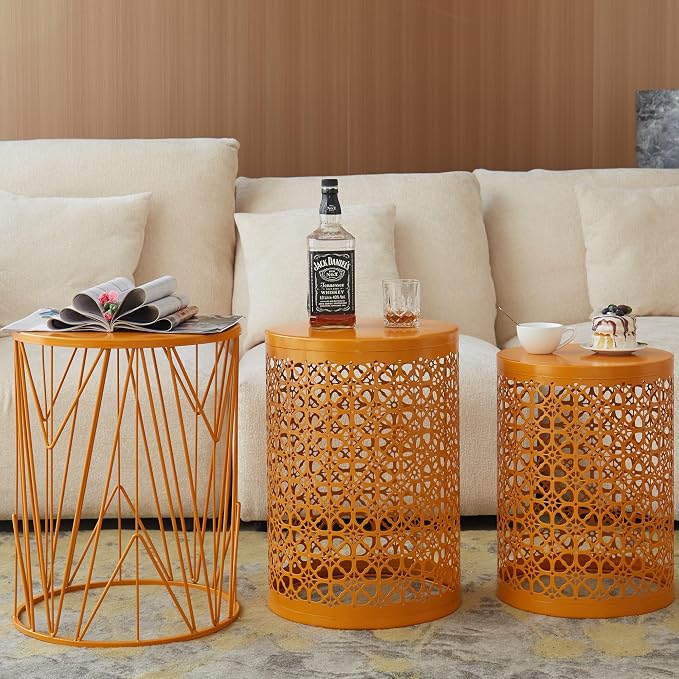 Y&M Set of 3 Stacking Coffee Table for Living Room, Patio Side Table, Indoor End Tables for Bedroom, Outdoor Decorative Garden Stool with Heavy Duty Metal Frame Modern Industrial Decor - Orange