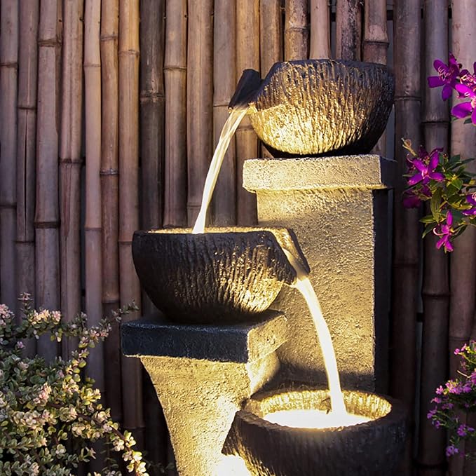 Supmix 37.4'' H Outdoor Water Fountain with LED Lights 4-Tier Cascading Bowl Floor Fountain Modern Freestanding Water Feature for Garden Patio Backyard Deck Indoor Home Decor