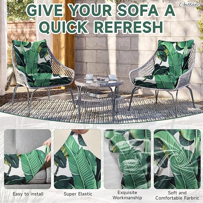 CALBODE 8 Pcs Stretch Outdoor Seat Cushion Covers, Washable Chair Seat Cover for Patio Furniture Cushions Soft Indoor and Outdoor Couch Cover Replacement (Monstera, Cover Only)