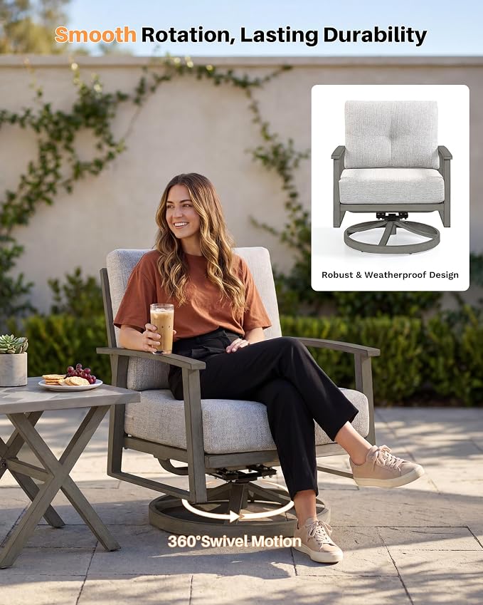 Swivel Patio Sofa Chairs Set of 2, Never Rusts All-Aluminum Outdoor Swivel Armchairs with Thick Cushions, Modern Outdoor Sofa Armchairs Swivel Patio Chair for Garden, Poolside, Lawn, Limed Oak