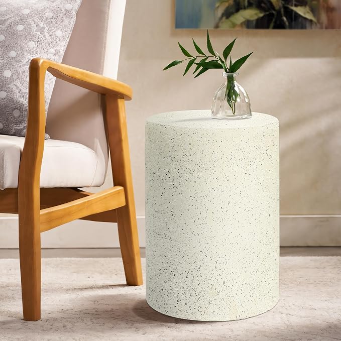 LuxenHome Outdoor Side Table, 18 Inch Cement Outdoor End Tables for Patio, Garden Accent Table, Modern Small Round Side Tables for Outside, Tree Stump Garden Stool Drum Indoor and Outdoor