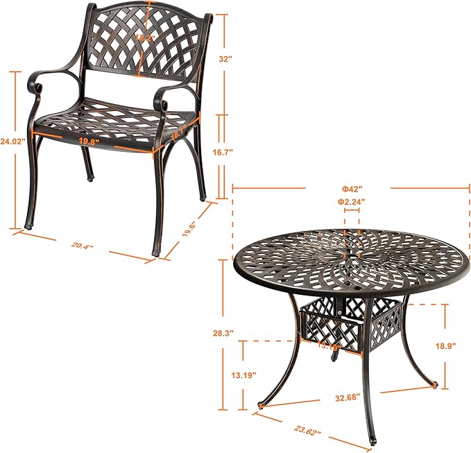 NUU GARDEN Outdoor 5-Piece Patio Dining Set, 4 Patio Chairs and 42'' Round Dining Table with 2.24" Umbrella Hole, Cast Aluminum Frame, for Patio, Deck, Garden, Backyard, Balcony, Antique Bronze
