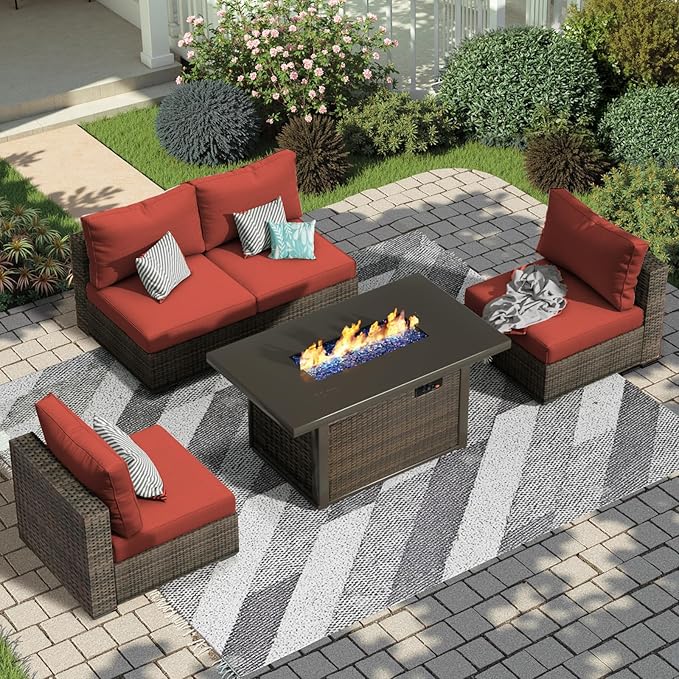 Patio Furniture Set 5 Pieces with 44" Fire Pit Table, Rattan Outdoor Sectional Conversation Sets, All Weather Outdoor Furniture Set with Cushions for Garden Lawn Balcony Porch Deck Red
