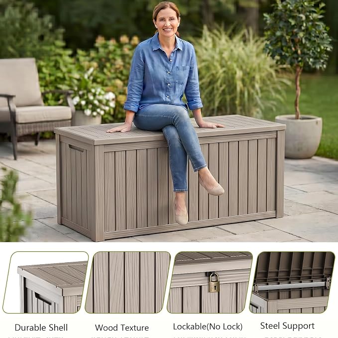 Waterproof Outdoor Storage Box Outside Deck Box Lockable Resin Bench UV Resistant Furniture Cushion Pool Tool Float Bin Patio Garden Porch (Grey, 180 Gallon)