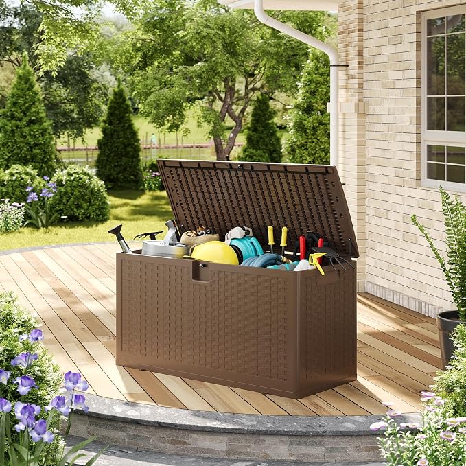 CABIHOME 73 Gallon Waterproof Outdoor Storage Box, Lockable Resin Deck Box for Package Delivery, Ideal for Furniture Cushions & Patio Deck Storage
