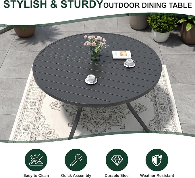 Anmutig Round Outdoor Dining Table, 48 Inch All-Weather Patio Table with Adjustable Umbrella Hole for Deck Lawn Garden Backyard Balcony Deck, Black Metal Frame Slatted Tabletop
