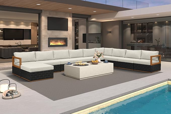 PURPLE LEAF Patio Outdoor Furniture Set 10 Pieces, Premium Leather Outdoor Couch Sectional Sofa, L-Shaped Patio Conversation Sets with Olefin Cushions, Patio Couch for Porch, Balcony, Garden, Black