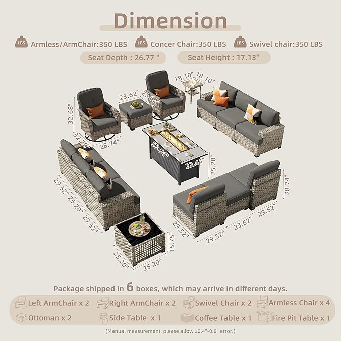 15-Piece Outdoor Sectional Sofa Set w/ 54" Fire Pit – L-Shaped Wicker Patio Furniture, Deep Seating & Swivel Rockers, Black
