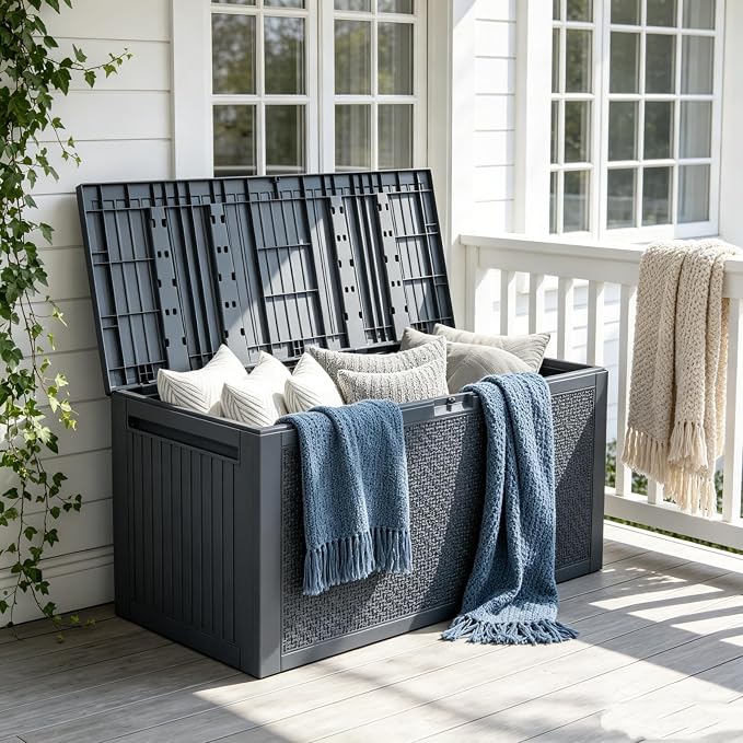 90 Gallon Outdoor Storage Deck Box with Wheels, Waterproof Resin Garden Storage Box Chest for Patio Furniture Cushions & Garden Tools, Lockable Seat Bench, Gray