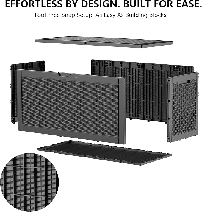 Outdoor Storage Box, 110 Gallon Waterproof Deck Box [Upgraded 3.0], Auto-Open Gas Struts Resin Organizer for Lounger Pillows, Secure Lockable Backyard Storage Bench, Poolside Deck, Black