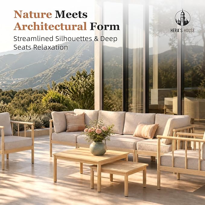 HERA'S HOUSE Patio Furniture,Acacia Wood Outdoor Sectional Sofa with 5.5" Ultra-Thick Cushions,L/U Shaped Modular Patio Conversation Set,Lawn Garden Backyard Couch Set with Nesting Tables,Beige