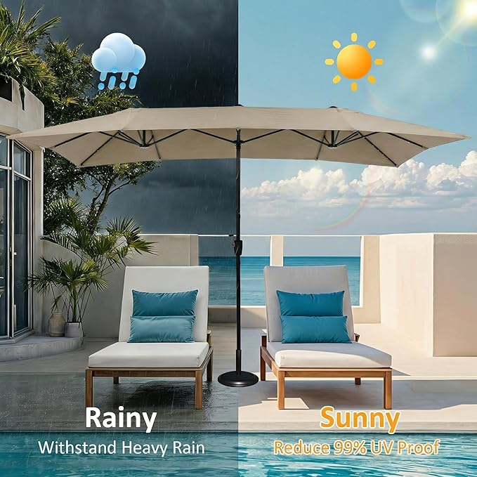 15×15ft Outdoor Patio Umbrella, Double Sided Market Rectangle Umbrella with Crank Handle, Large Sun Shade for Outside Deck, Backyard, Garden