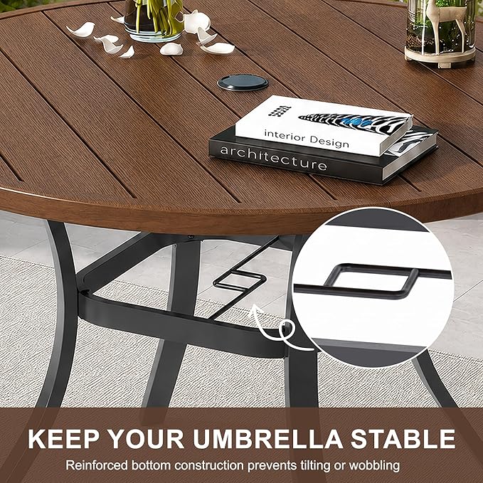 Patio Dining Table for 4,Steel Slatted Round Outdoor Table with Adjustable Umbrella Hole,41",Brown