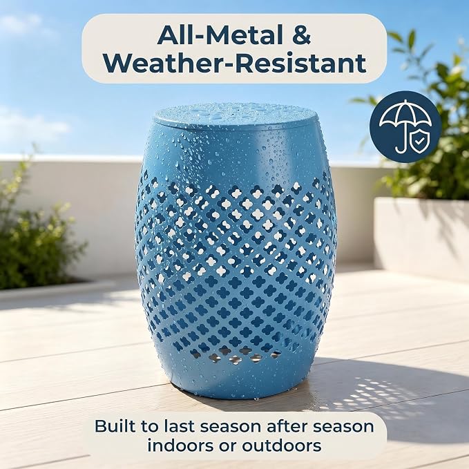 12" Outdoor Side Table, Metal Cutout Drum Side Table, Patio Garden Stool | Coffee End Tables for Small Spaces, Living Room, Backyard, Poolside