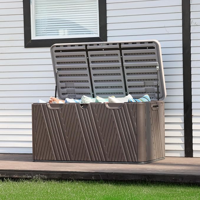 Aoodor 85 Gallon Deck Box, Outdoor Storage Box, Waterproof & Weather-Resistant Lockable, Patio Bench Storage Box for Cushion, Garden Tools, Brown