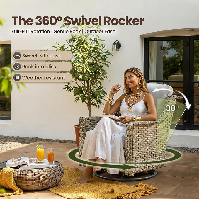 5 PCS Patio Conversation Set, All-Weather Rattan Wicker Outdoor Patio Furniture Sets with High Back Swivel Rocker Chair, Solar Light Coffee Table for Porch,Backyard,Balcony,Light Grey