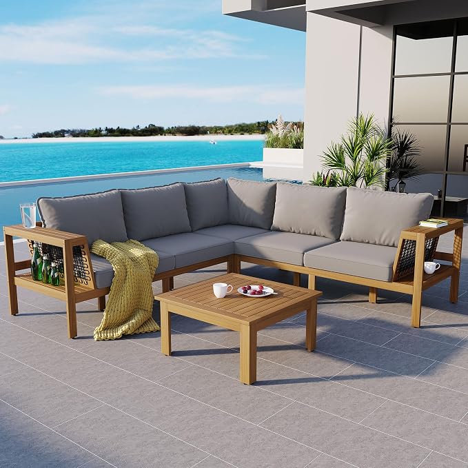 4 Piece Patio Furniture Sofa Set with Coffee Table and Woven Mesh Armrests, L-Shaped Outdoor Acacia Wood Sofa Conversation Set with Gray Cushions and Side Table, Gray Cushion