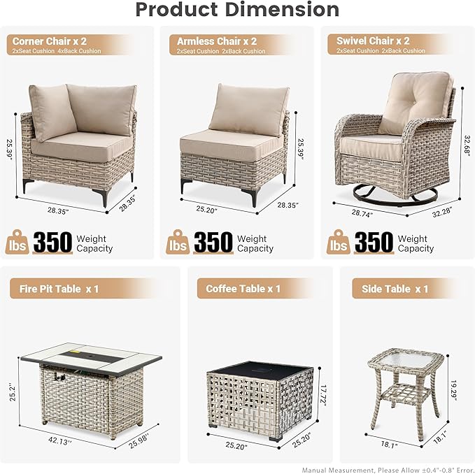 Outdoor Patio Furniture Sets,9 PCS Patio Conversation Set Outside Rattan Sectional Sofa with 42 in Square Fire Pit Table Wicker Rocking Chair Coffee Table Fit Backyard Garden Poolside Balcony
