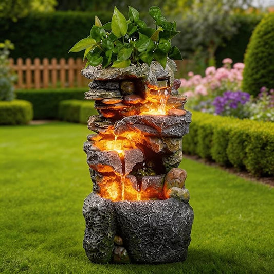 23" Tall Outdoor Water Fountain with Built-in Planter, 3-Tier Cascading Rock Waterfall with Warm LED Lights, Relaxing Zen Garden Fountain Decoration for Patio, Yard, Porch & Deck