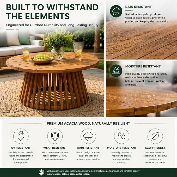 Round Outdoor Coffee Table for Patio, 31.5 Inch Acacia Wood Side Table with Slatted Pedestal Base, Farmhouse Outside Coffee Table for Garden, Balcony, Poolside, Porch, Weather-Resistant, Teak
