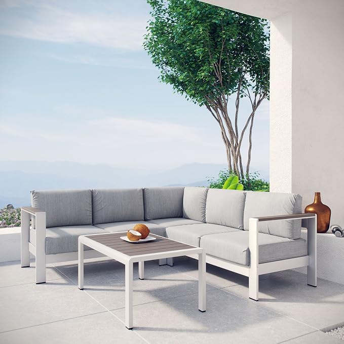 Modway Shore 4-Piece Aluminum Outdoor Patio Sectional Sofa Set in Silver Gray