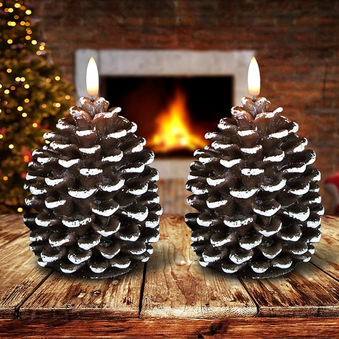 LED Flameless Pinecone Candles with 6H Timer, Waxy Pillar Candles, Christmas Candle 2 Pack Flickering Acorn Decor Woodsy for Fall Christmas Decor(Brown, 3.5 x 6 Inch)