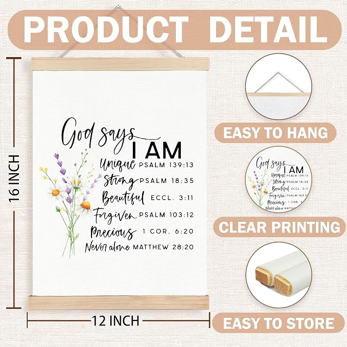 FDHSPAAM God Says I Am Christian Wall Art Decor, Bible Verses Wall Decorations, Inspirational Floral Religious Scripture Wall Art Posters for Home Bedroom Living Room Office Church, 12x16 Inch