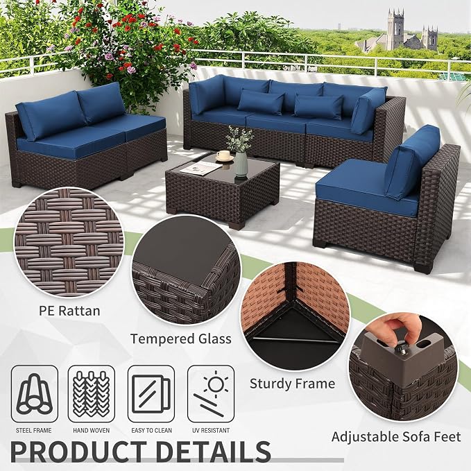 WAROOM Outdoor Patio Furniture Set 7 Pieces Wicker Sectional Sofa Brown Rattan Conversation Couch with Coffee Table, Anti-Slip Thick Nave Blue Cushion