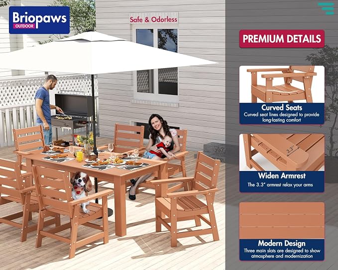 BRIOPAWS Outdoor-Dining-Set | 5 Piece | HDPE | 67” Patio Table and Chairs Sets for 4 | Patio Dinner Furniture | All Weather | Umbrella Hole | for Poolside Deck Backyard Outdoors | Teak