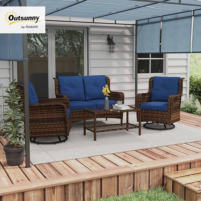 Outsunny 4 Piece PE Rattan Outdoor Patio Furniture Set, Wicker Conversation Set with 2 Swivel Glider Chairs, 2-Tier Glass Table and Loveseat for Garden, Patio, Poolside, Blue