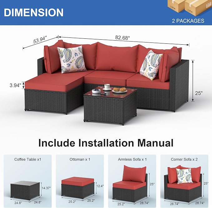 Patio Furniture Set, 5PCS Patio Sectional with Ottoman Wicker Rattan Outdoor Furniture with Thickened Cushion Modular Wicker Patio Conversation Set with Glass Top Table for Balcony, Backyard(Red)