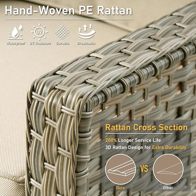 HOOOWOOO 9 Piece Patio Furniture Conversation Sets with Swivel Rocking Chairs,Outdoor Wicker Furniture with Ottoman,All Weather Resistant High Back Rattan Conversational Set(Beige Tan)