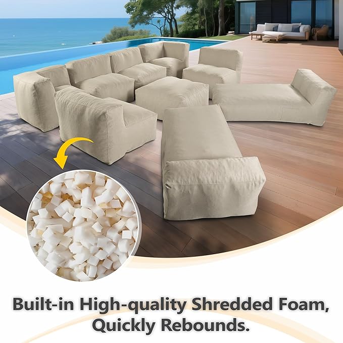 Patio Furniture Set, Outdoor Conversation Set with Bean Bag Middle Chairs, Corner Chair, Ottomans, Modern Foam Couch Set for Garden, Deck, Balcony (9, Light Beige)