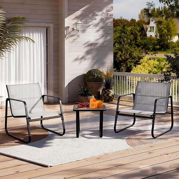 DUMOS 3 Piece Patio Furniture Set，Outdoor Patio Furniture Conversation Set with Table, Patio Sectional Bistro Sets for Lawn, Garden, Balcony, Poolside (Gray)