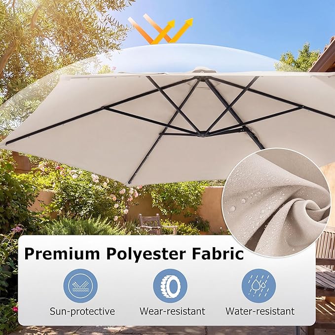 Tangkula 10ft Patio Umbrella with Solar Lights, Offset Cantilever Outdoor Umbrella with LED Lights, 360 Degree Rotation, Air Vent for Pool Deck Garden Backyard (Beige)
