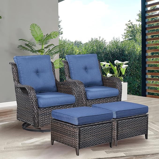Rilyson Wicker Patio Furniture Set - 4 Piece Rattan Outdoor Patio Conversation Sets with 2 Swivel Rocking Chairs,2 Ottomans for Porch Deck Garden(Brown/Blue)