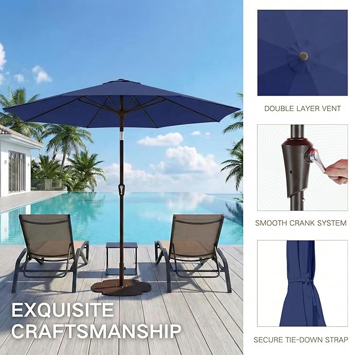 Kingdura 10FT Outdoor Patio Umbrella, Market Table Umbrella with Push Button Tilt and Crank, 8 Sturdy Fiberglass Ribs, UV Protection for Pool, Lawn, Deck, Backyard, Garden (Navy blue)