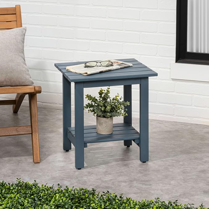 JONATHAN Y Kellie 16" Modern Nautical Blue Acacia Wood Outdoor Side Table with 2-Tier Storage, Weather-Resistant Rectangular Slatted End Table for Patio, Garden, Deck, and Porch END6001N