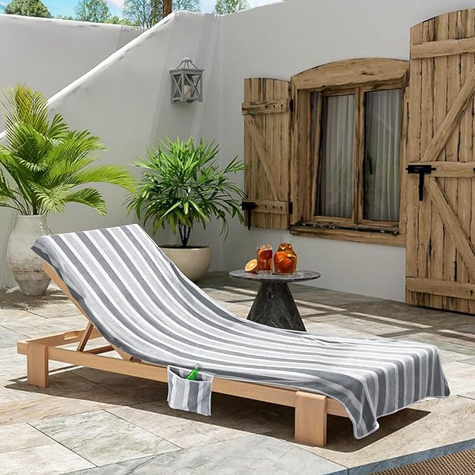 Lounge Chaise Chair Towel Cover - 1 Pc Ultra Plush & Absorbent Micro Fleece Towel Cover for Pool,Beach,Outdoor(Garden,Courtyard) | Faster Drying, Non-Slip, 2 Side Pockets | 85" x 30" - Gray