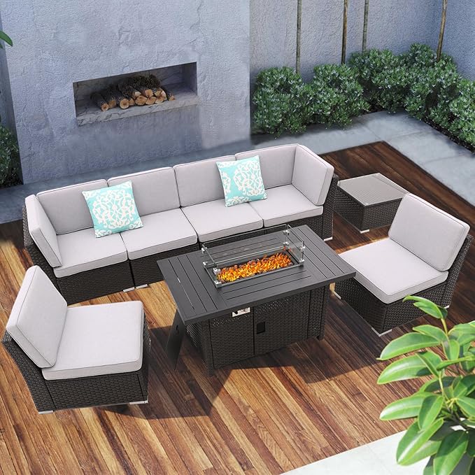 Patio Sofa Set with 46 Inch Propane Firepit Table Coffee Table Outdoor Sectional Set Patio Conversation Set Patio Furniture Sets All Weather with Thick Cushion Rattan Weaving