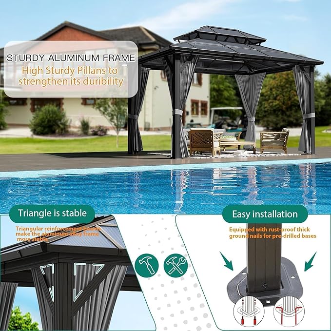 GAOMON 10'x13' Hardtop Gazebo, Outdoor Polycarbonate Double Roof Canopy, Aluminum Frame Permanent Pavilion with Curtains and Netting, Sunshade for Garden, Patio, Lawns, Gray