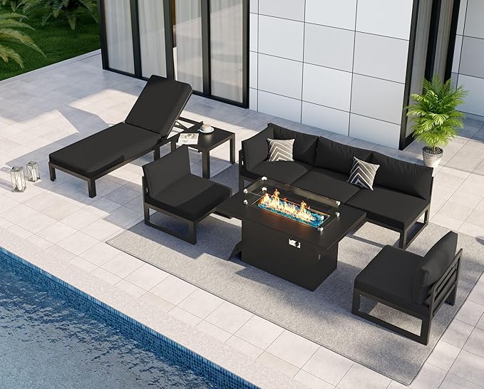 NICESOUL 8 Pcs Extra Large Contemporary Aluminum Outdoor Furniture Set with Lounger & Fire Pit Table, 29" Deep Wide Couch Set, 500 lbs Heavy Duty Comfortable Patio Sectional Sofa for Poolside, Black