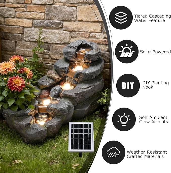 5-Tier Solar Water Fountain Outdoor, 38.2" L Rock Waterfall Fountains Solar Powered Floor Standing Outdoor Water Feature with LED Lights for Patio, Garden,Porch, Yard, Home Art Decor（Grey）