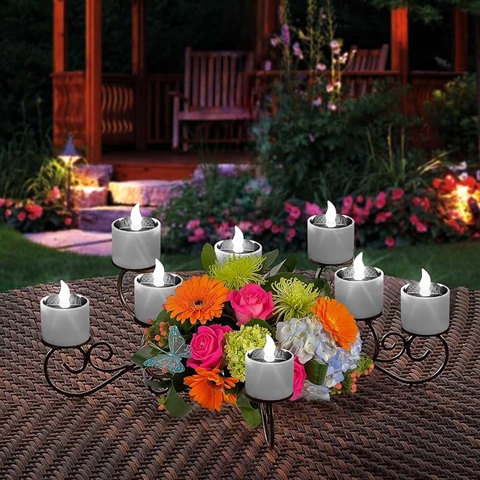 6 Pack Cool White Solar Powered Flameless Tealights, Rechargeable Outdoor Waterproof LED Flickering Electric Solar Tea Light Candles Flicker Fake LED Votive Candle Bulk for Outside Decorations