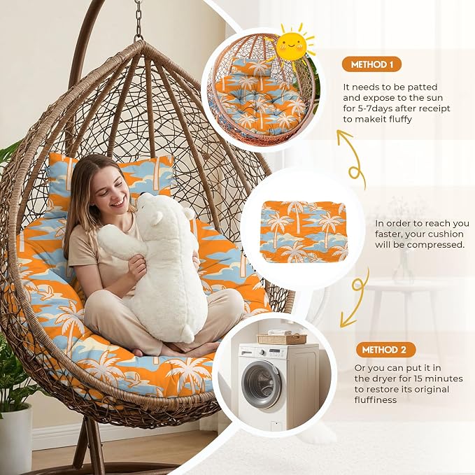 Outdoor 45" Round Egg Chair Cushion Replacement Waterproof Orange Tree | Thicken Pad with Headrest Pillow, Hanging Swing Wicker Egg Chair Cushions, Suitable for Garden Office